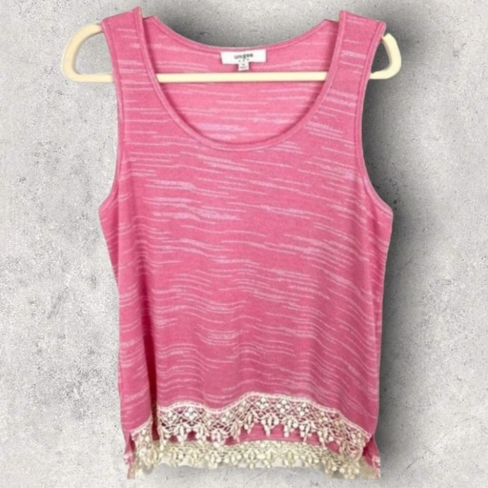 Umgee Pink Tank Top Crochet Hem‎ Heathered Size Medium Bohemian Fringe Hippie